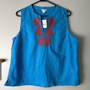 J. Crew Turquoise Sleeveless Linen Top with Red Embroidery
